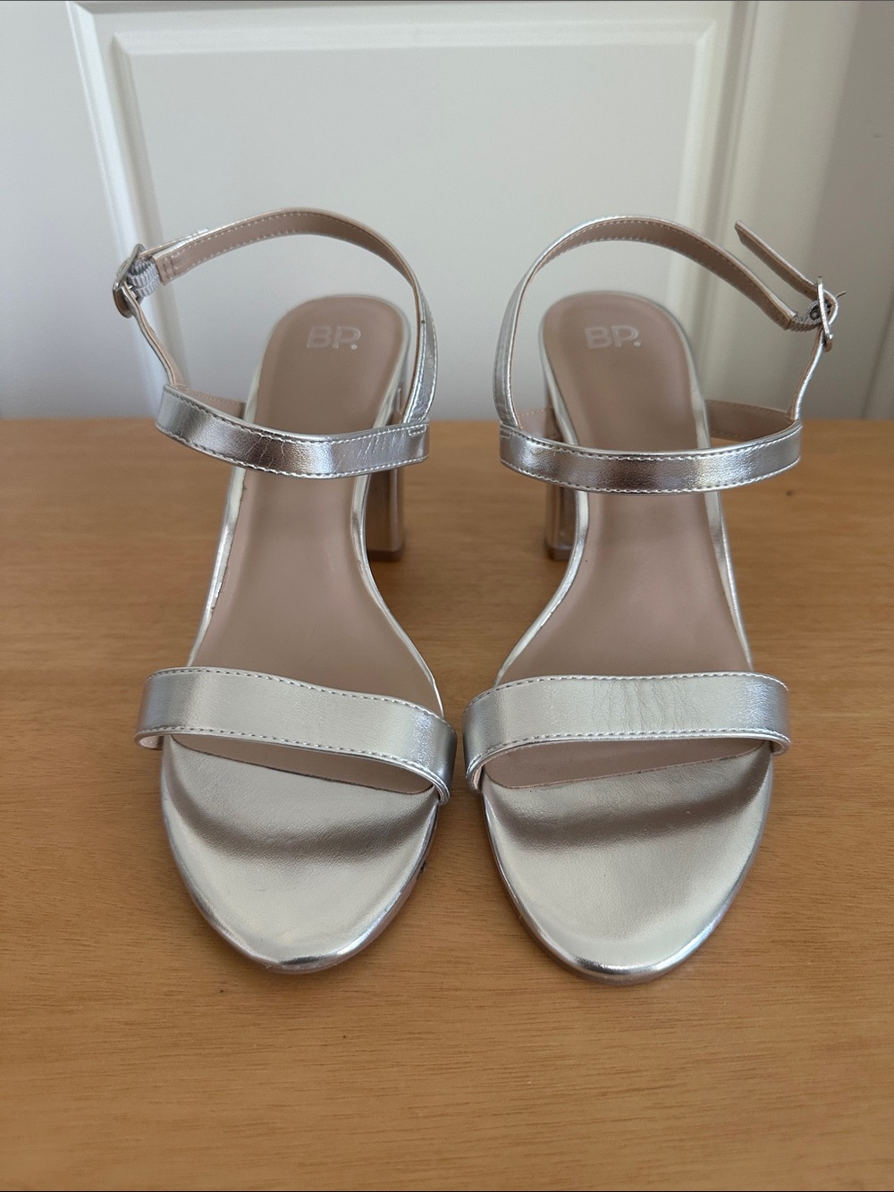 bp Metallic Silver Block Heel Ankle-Strap Sandals